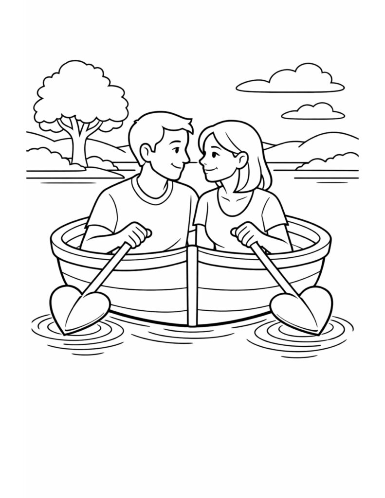 couple rowing boat on lake coloring page showing a smiling couple in a rowboat with oars on calm water coloring page