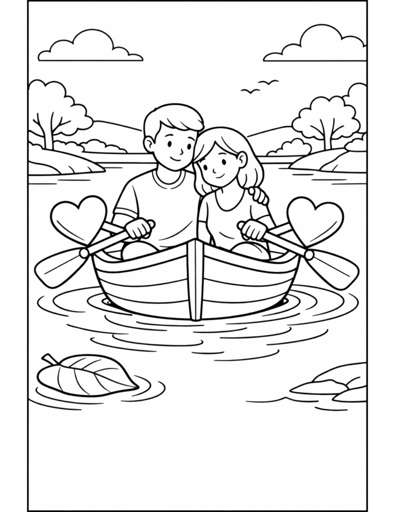 couple rowing heart paddles coloring page with a smiling couple in a rowboat on a calm lake with trees and clouds coloring page