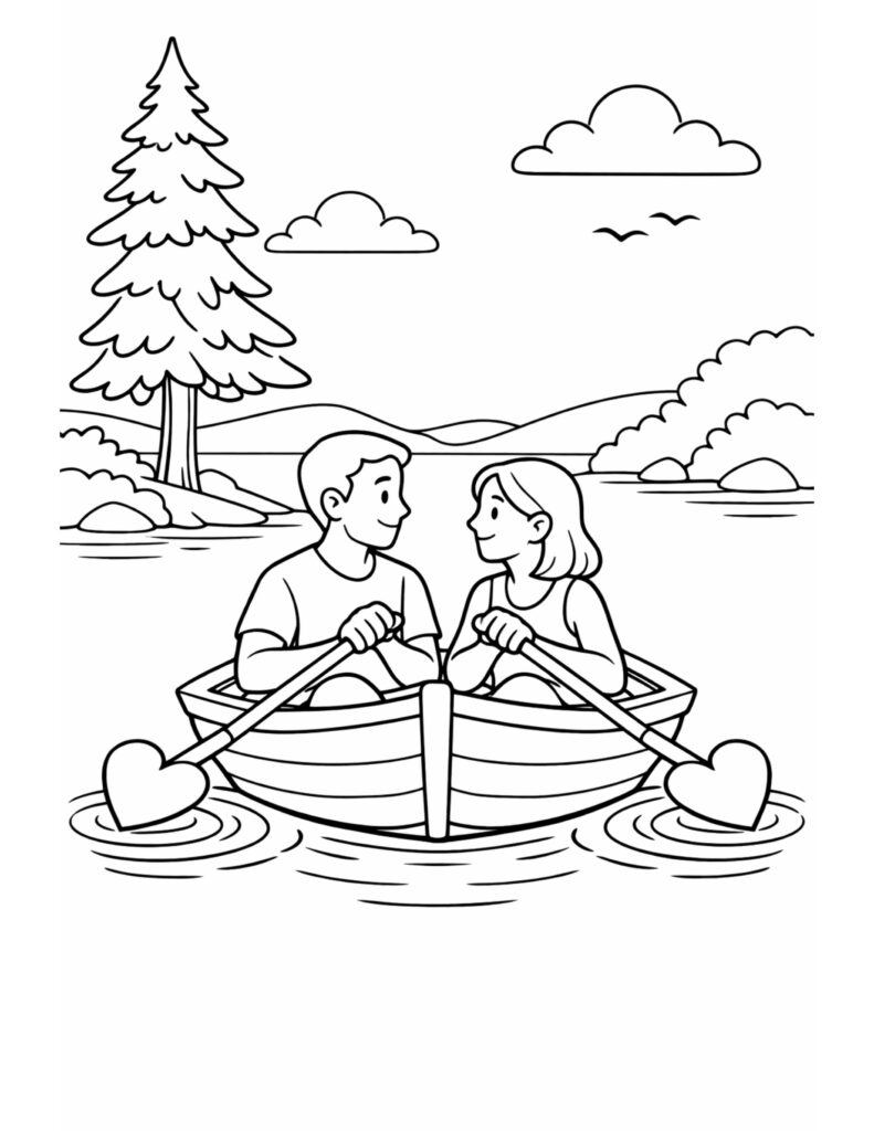couple rowing with heart oars coloring page featuring a couple in a rowboat on a lake with clouds and birds coloring page