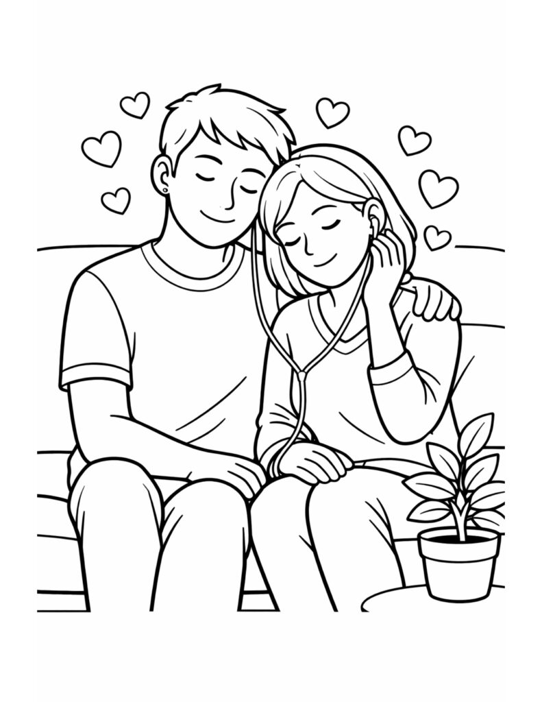 couple sharing earphones on couch coloring page with two people listening together, floating hearts, and a small potted plant coloring page
