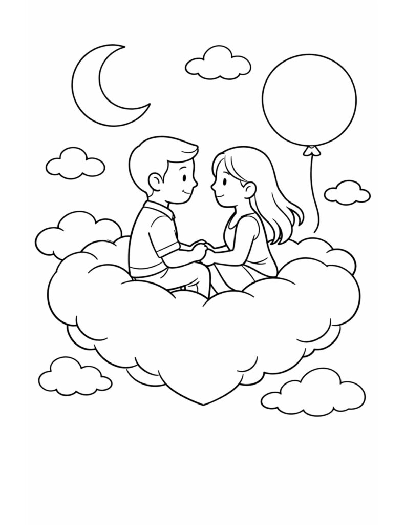 couple sitting on cloud heart coloring page with crescent moon, fluffy clouds, and a round balloon coloring page