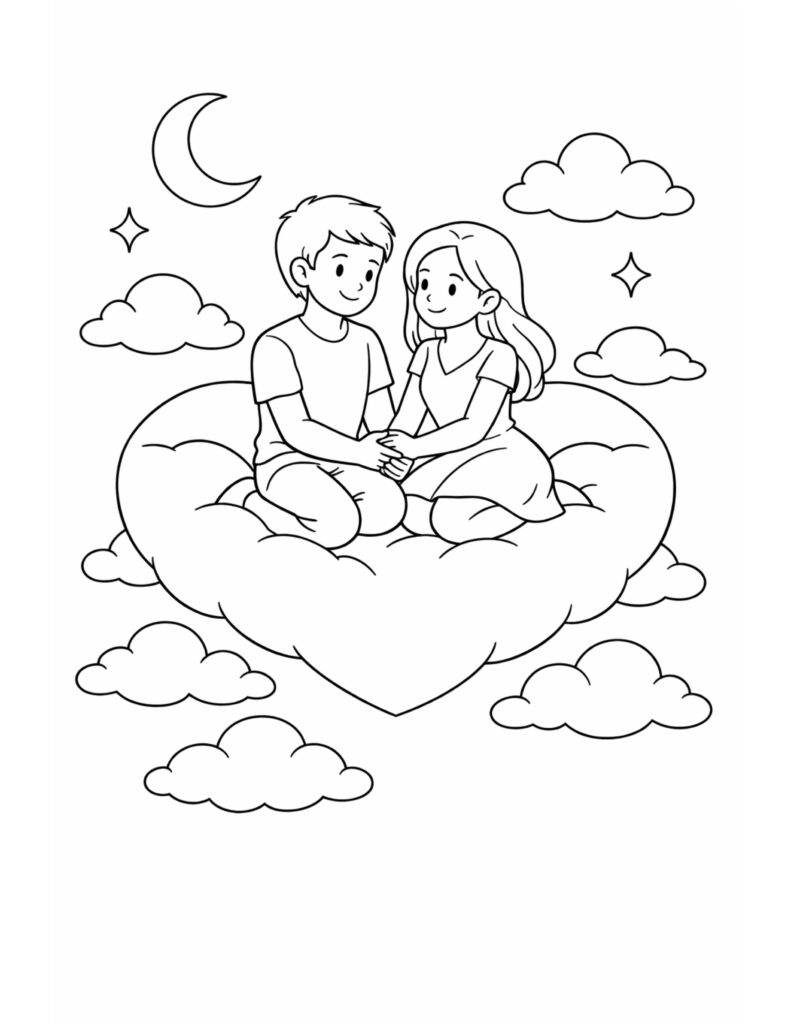 couple sitting on heart cloud coloring page with crescent moon, fluffy clouds, and small sparkles coloring page