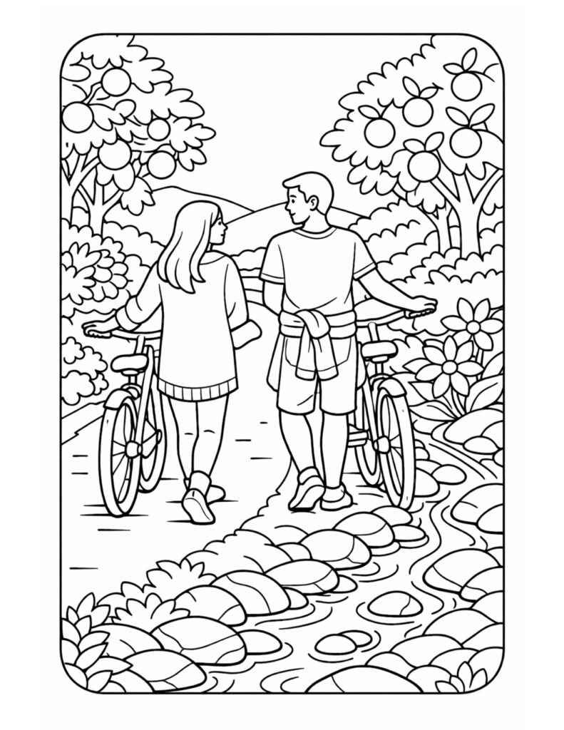couple walking bicycles by stream coloring page with fruit trees, flowers, and a winding creek
