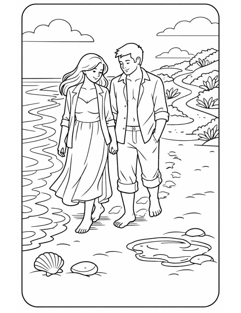 couple walking on beach shoreline coloring page, two people holding hands by the sea with shells and clouds