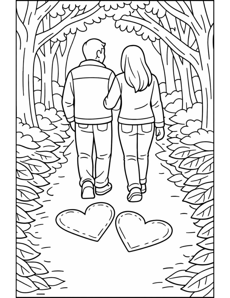 couple walking through forest hearts coloring page with a couple strolling on a leafy woodland path coloring page