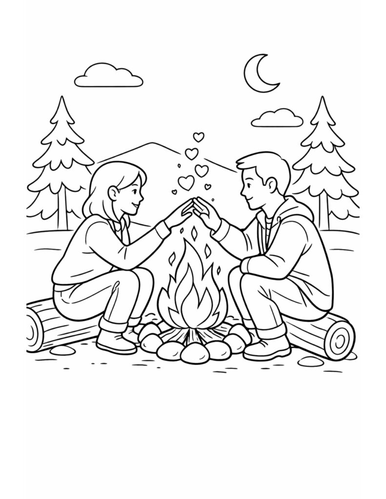 couple warming hands by campfire coloring page featuring two campers by a fire with hearts, pine trees, and a crescent moon coloring page