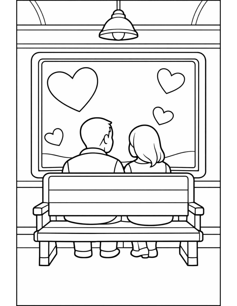couple watching hearts through window coloring page with two people on a train bench looking out at floating hearts coloring page