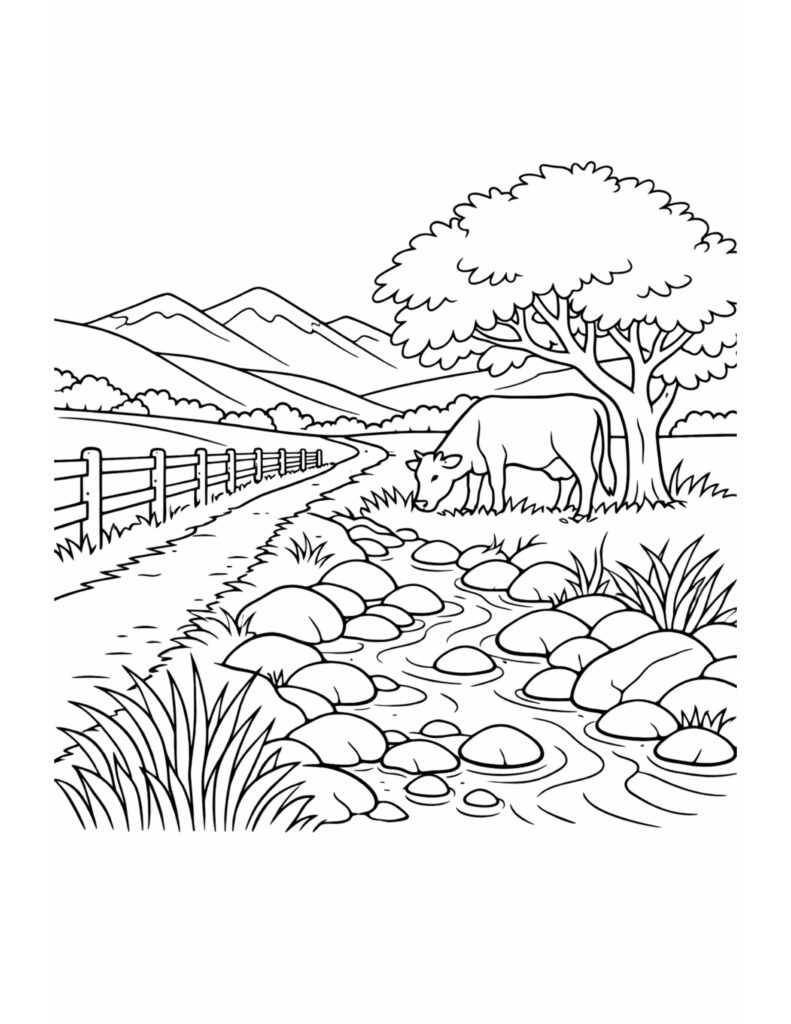 cow grazing by rocky stream coloring page, cow under a large tree by a flowing creek and mountains, coloring page