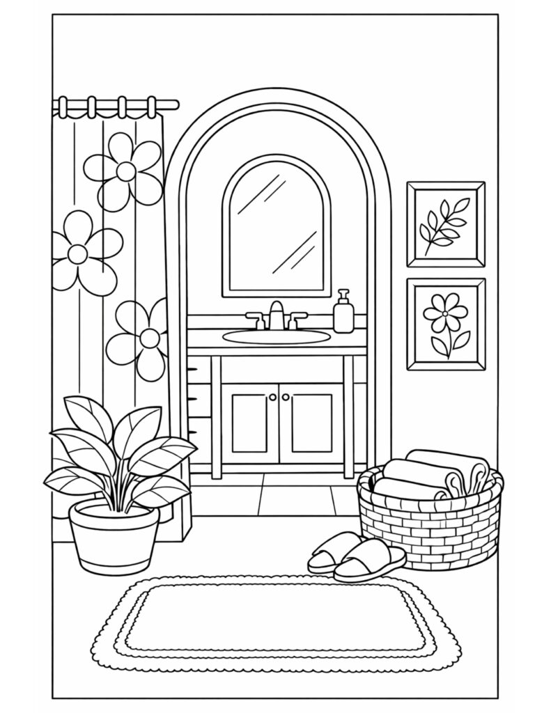 cozy bathroom vanity corner coloring page with sink mirror floral curtain towels and slippers coloring page