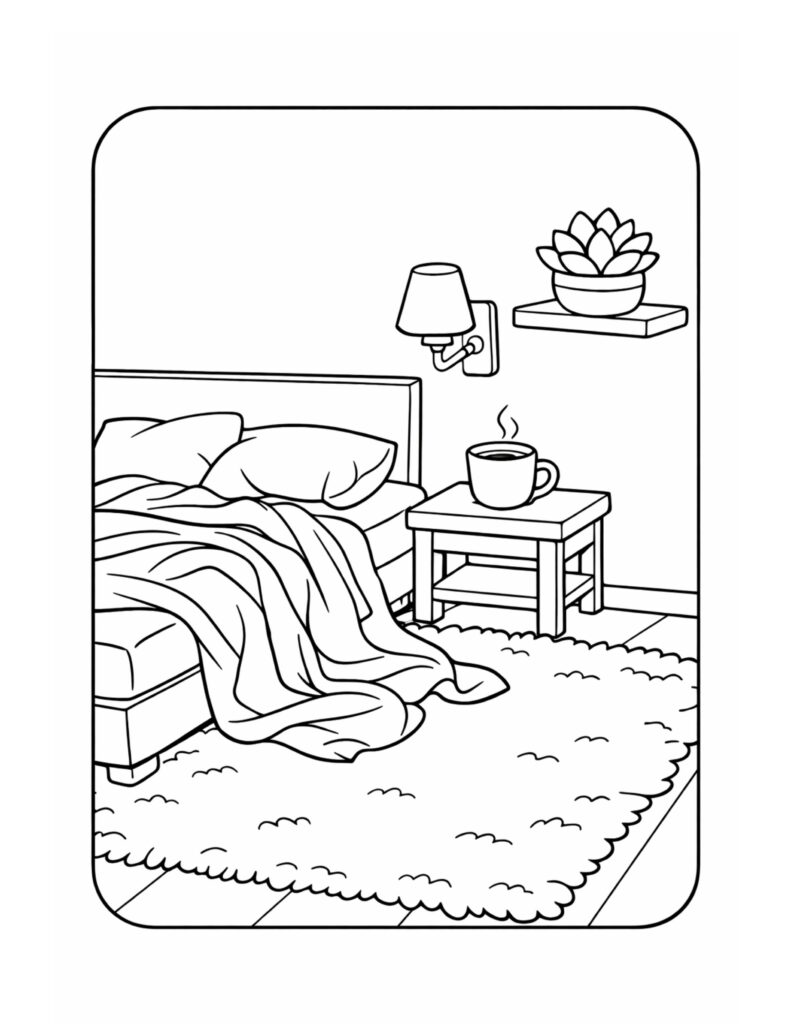 cozy bedroom coffee nightstand coloring page with a rumpled bed, wall lamp, shelf plant, and fluffy rug coloring page