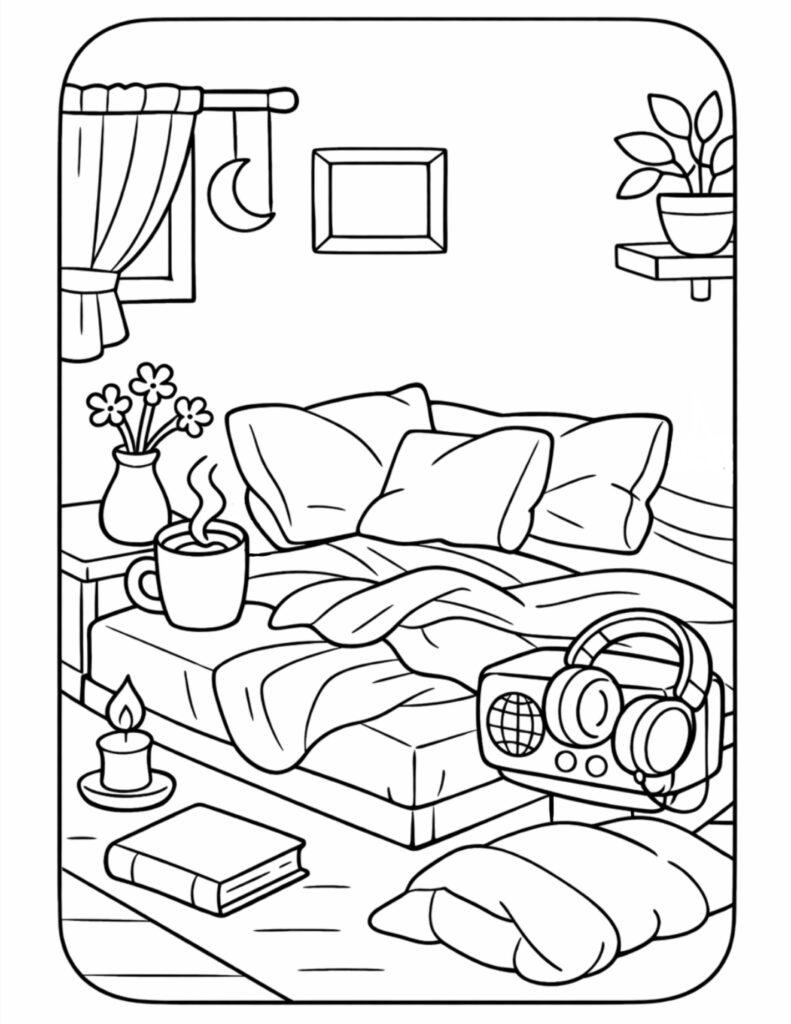 Featured Image Alt: cozy bedroom with steaming mug coloring page with a bed, candle, book, headphones, and moon window coloring page