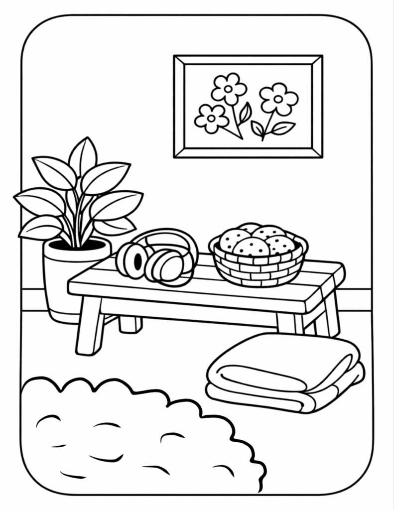 cozy bench with headphones coloring page with a snack basket, folded blanket, potted plant, and fluffy rug coloring page