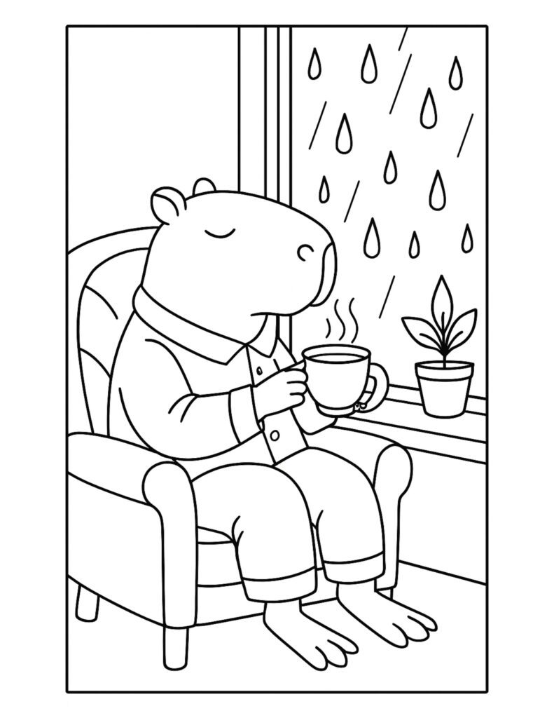 cozy capybara sitting in an armchair holding a warm drink with rainy window coloring page