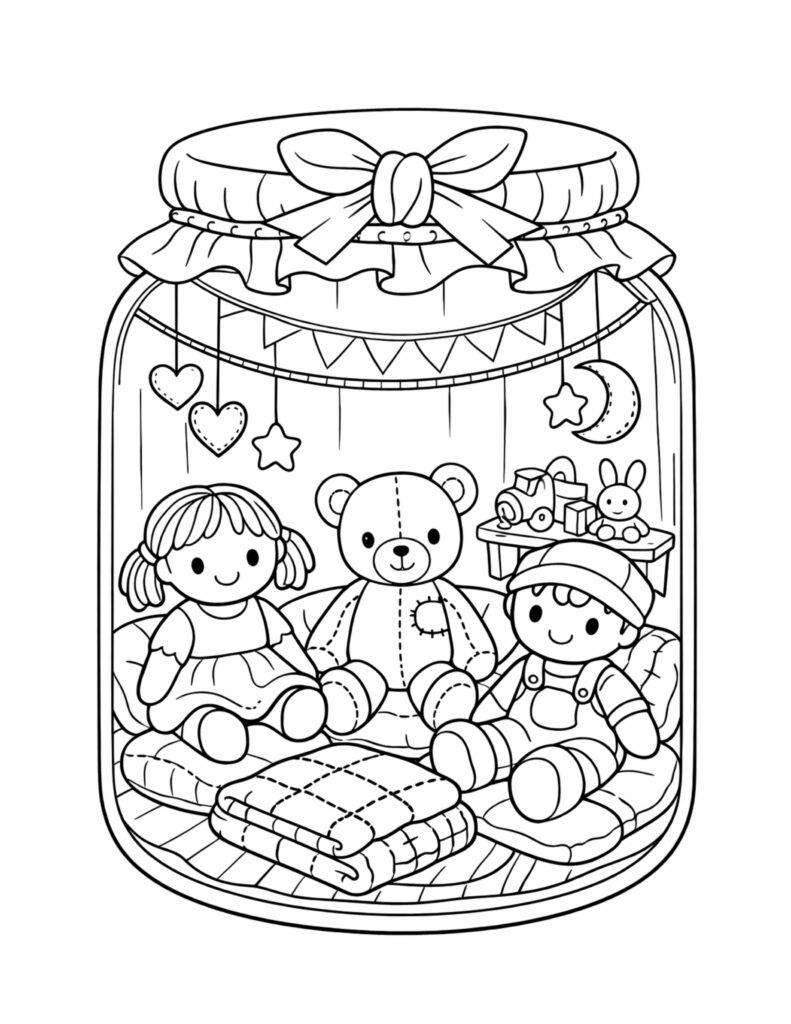 cozy jar playtime scene coloring page showing teddy bear and dolls inside a jar coloring page