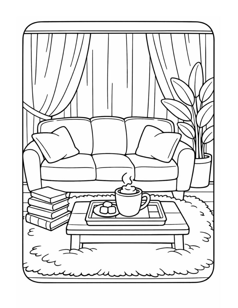 cozy living room coffee tray coloring page with a sofa, curtains, books, a plant, and a steaming mug