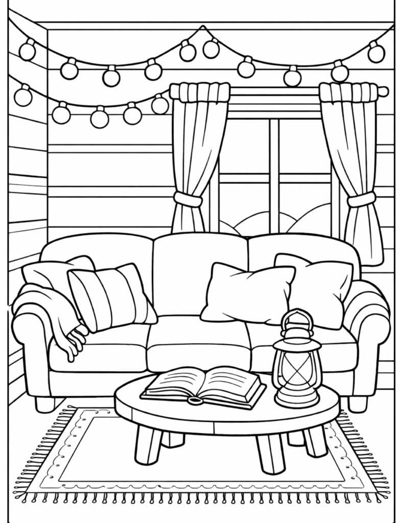 cozy living room reading nook coloring page with sofa, window, string lights, and book