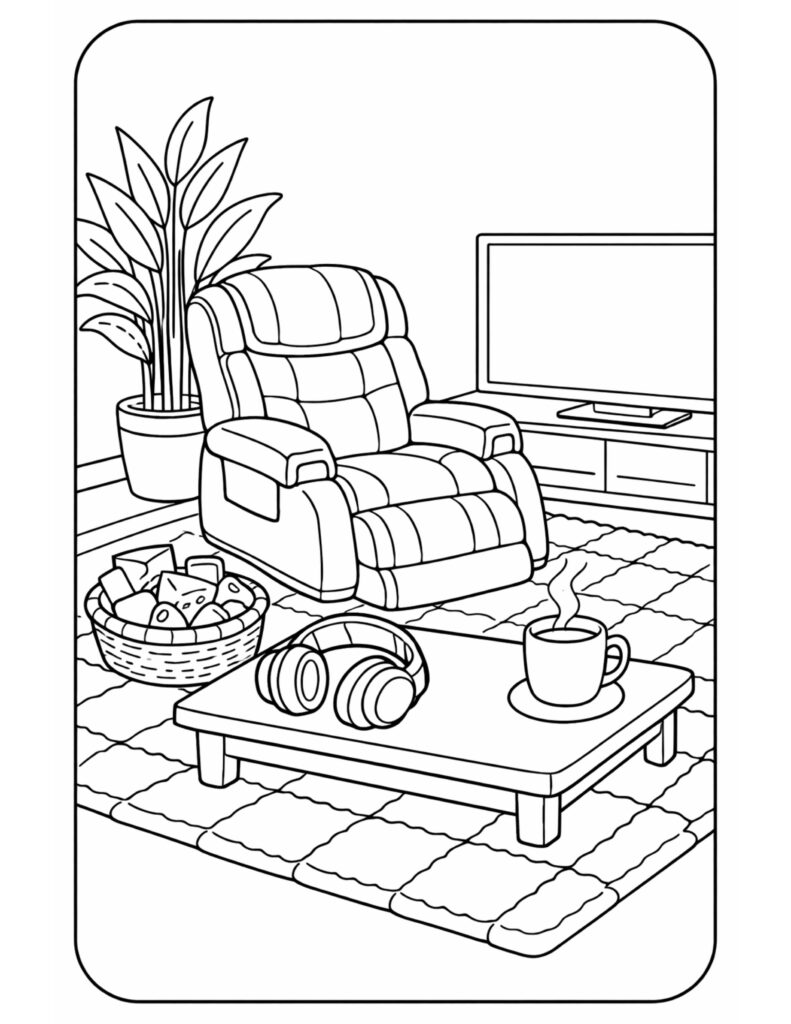 cozy living room with recliner coloring page with armchair, tv, mug, and headphones coloring page