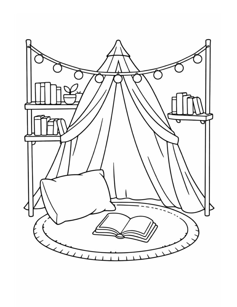 cozy reading tent with books coloring page with string lights, shelves, pillow, and open book coloring page
