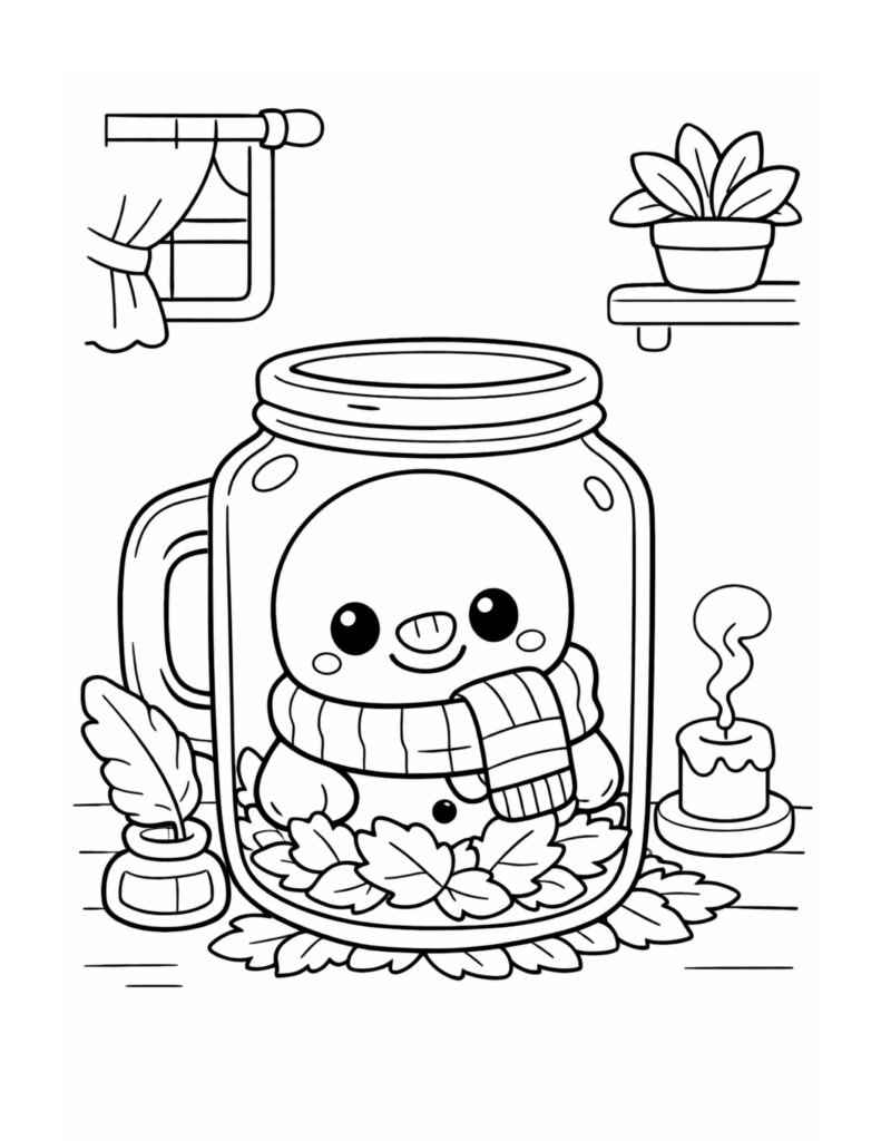 cozy scarf creature in jar coloring page with leaves, candle, and window scene coloring page