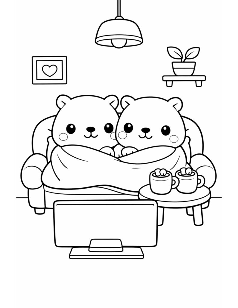 cuddly bears watching tv coloring page, two cute bears cuddling under a blanket on a sofa, warm drinks nearby coloring page