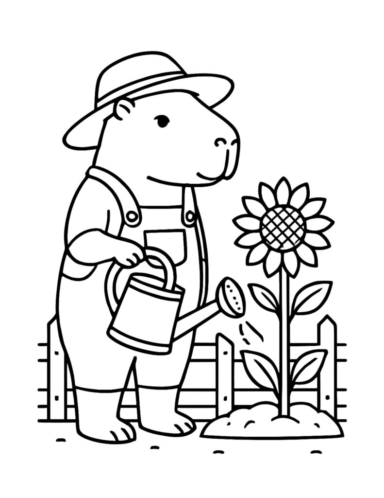 capybara wearing a hat and overalls watering a sunflower coloring page