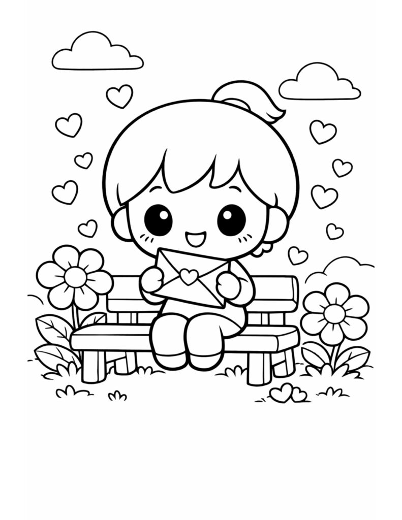 cute kid holding heart letter coloring page, smiling child on a bench with flowers and heart shapes coloring page