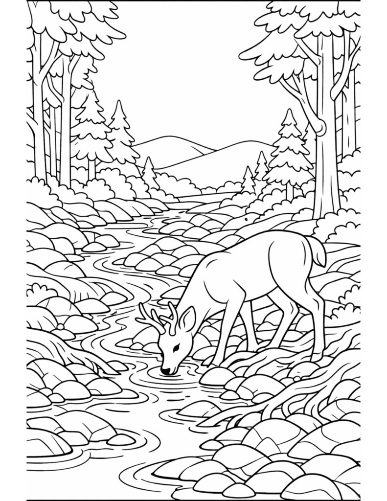 deer drinking from forest stream coloring page beside rocks and pine trees in a peaceful valley coloring page