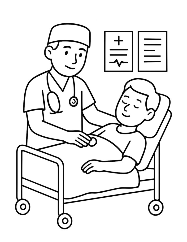 doctor checking patient in bed coloring page showing a doctor with stethoscope beside a resting patient in a hospital bed coloring page