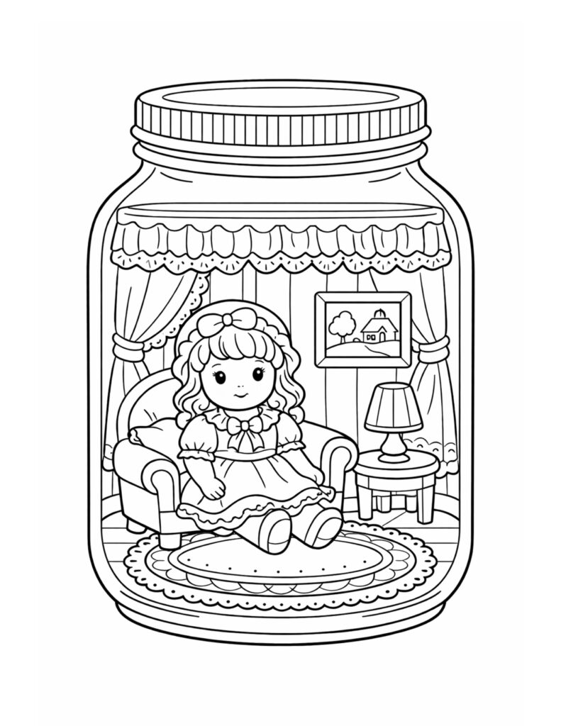doll sitting in cozy room coloring page with a doll on an armchair, curtains, lamp, and rug coloring page