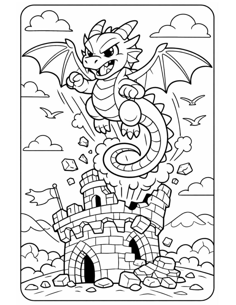 dragon attacking a castle coloring page with an angry dragon flying over a crumbling tower and flying debris coloring page
