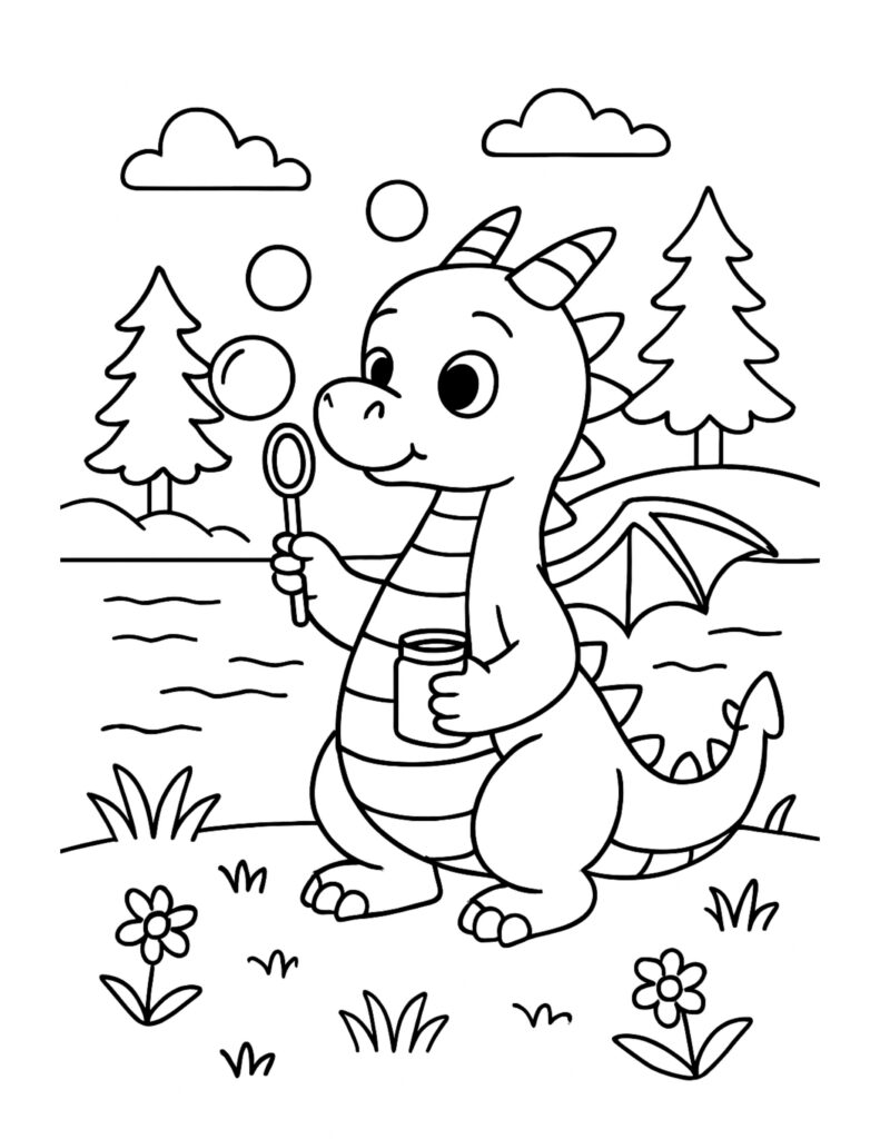 dragon blowing bubbles by lake coloring page with a smiling baby dragon and bubble wand outdoors coloring page