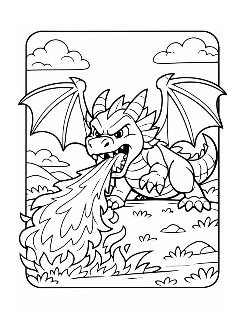 dragon breathing fire in meadow coloring page with fierce dragon, wide wings, and big flames in a grassy landscape coloring page