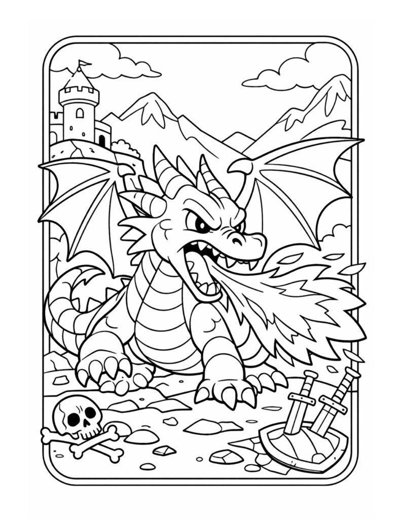 dragon breathing fire near castle coloring page with angry dragon, swords, skull, and mountains coloring page