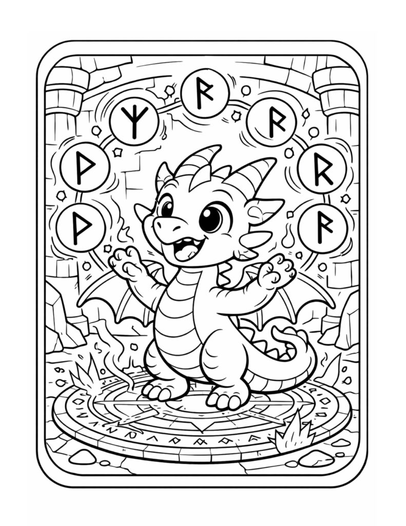 dragon casting a rune spell coloring page with floating rune symbols around a magic circle coloring page