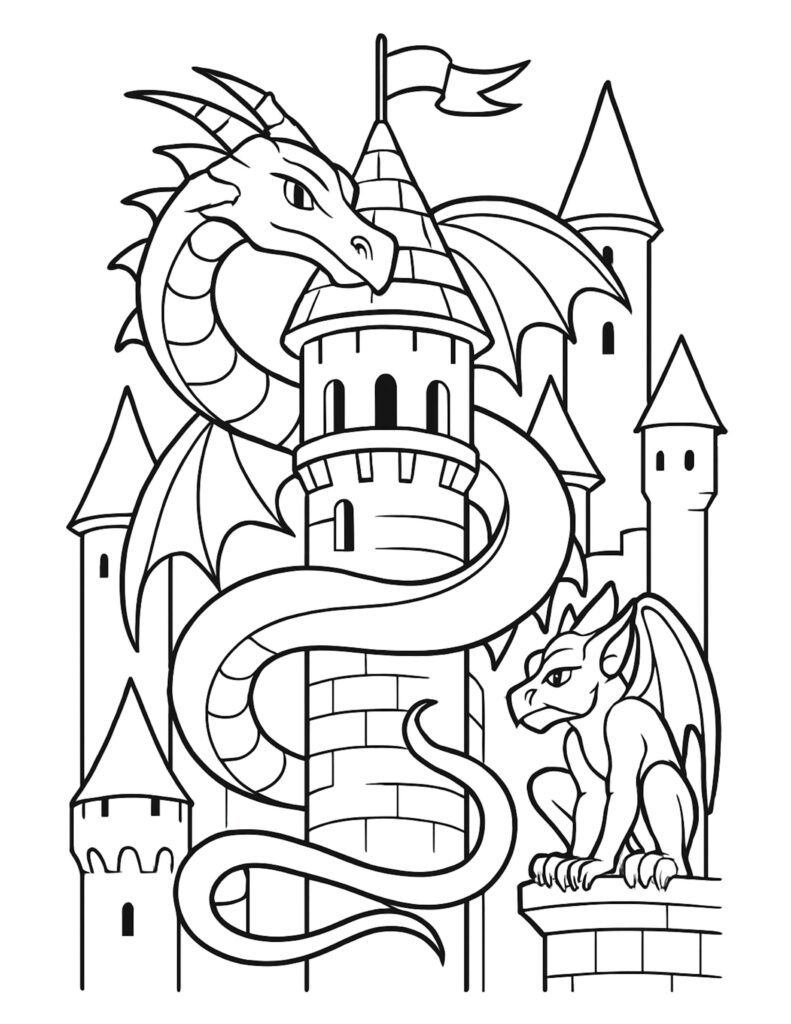 dragon coiled around castle tower coloring page, medieval turrets with a flag and a smaller dragon coloring page