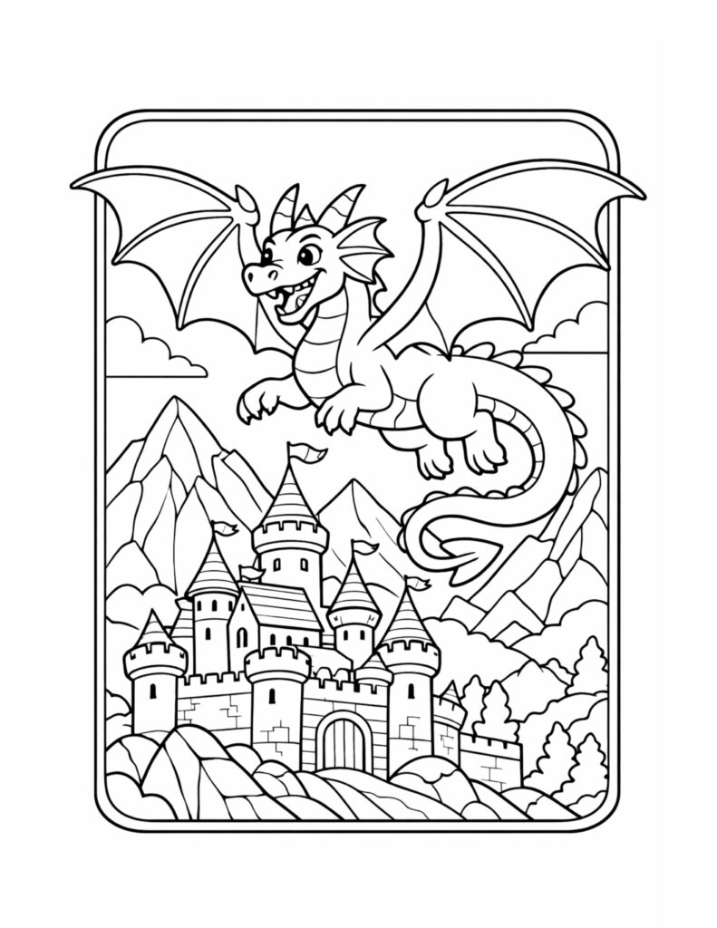dragon flying over castle coloring page with a smiling dragon above a castle, mountains, and clouds coloring page