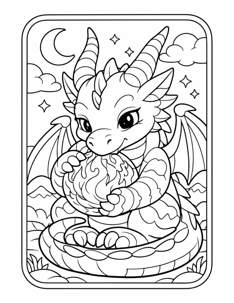 dragon holding a fireball coloring page featuring a cute dragon cuddling a flaming orb under the moon coloring page