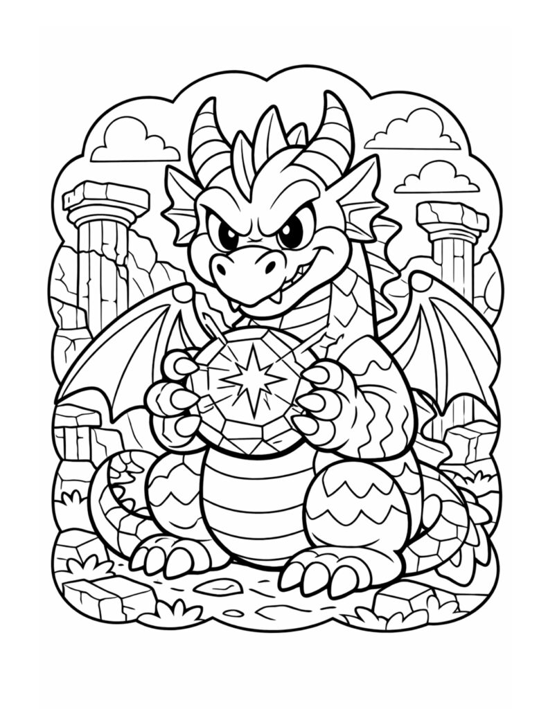 dragon holding a magic gem coloring page showing a winged dragon in ruins holding a starburst crystal coloring page