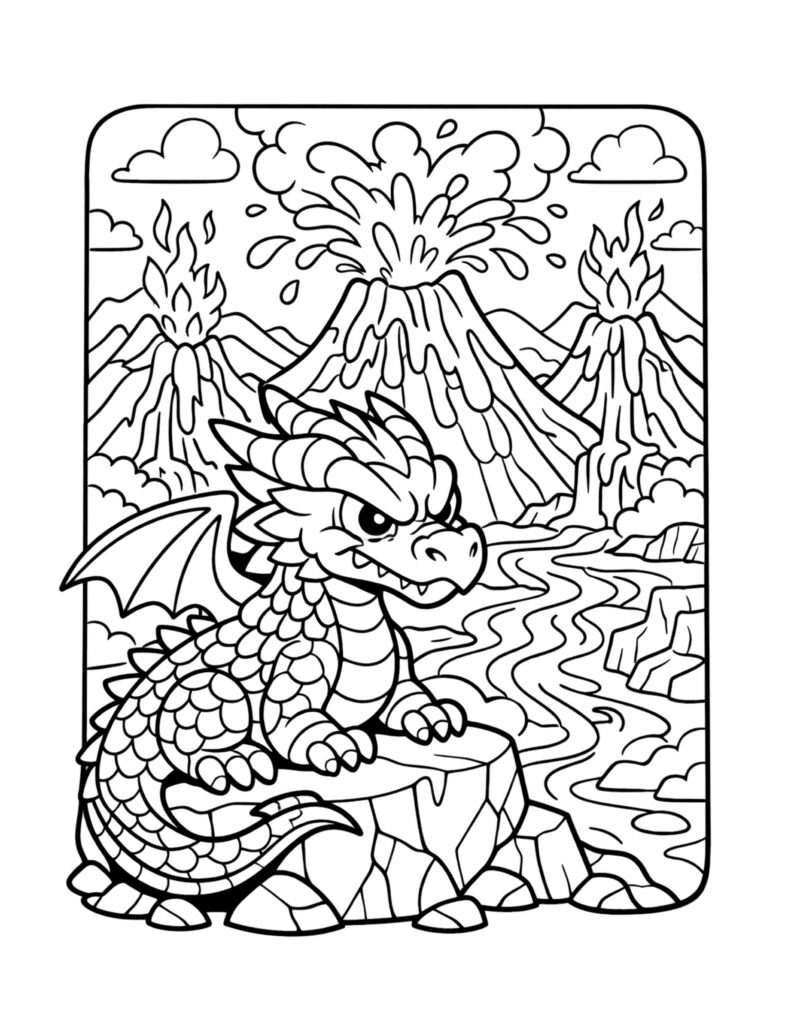 dragon near erupting volcanoes coloring page with a scaly dragon on a cliff, lava streams, and erupting peaks coloring page