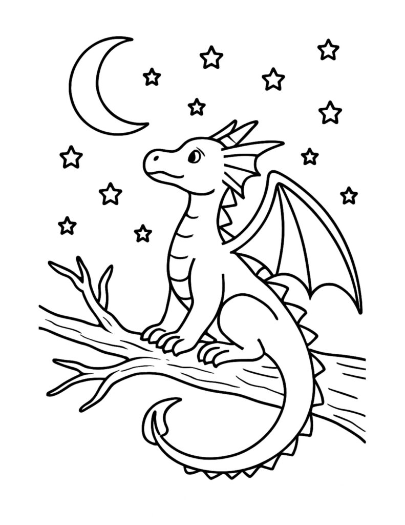 dragon on branch under moon coloring page, cute dragon sitting on a tree branch with stars and crescent moon coloring page