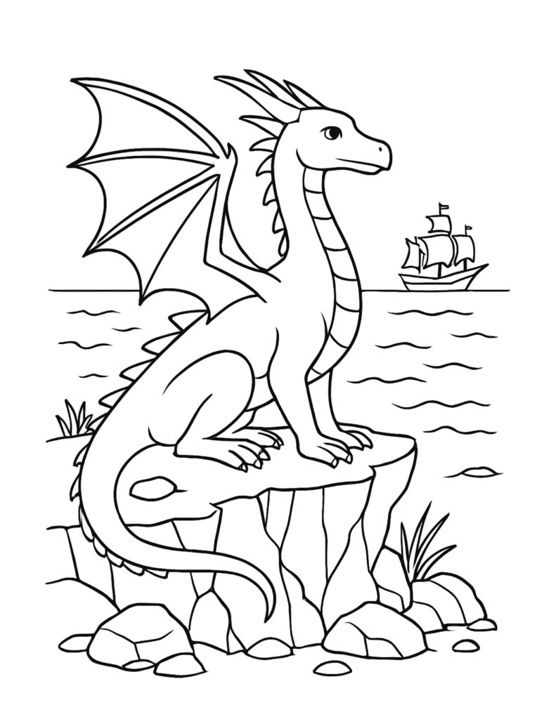 dragon perched on seaside rock coloring page with ocean waves and a small sailing ship coloring page