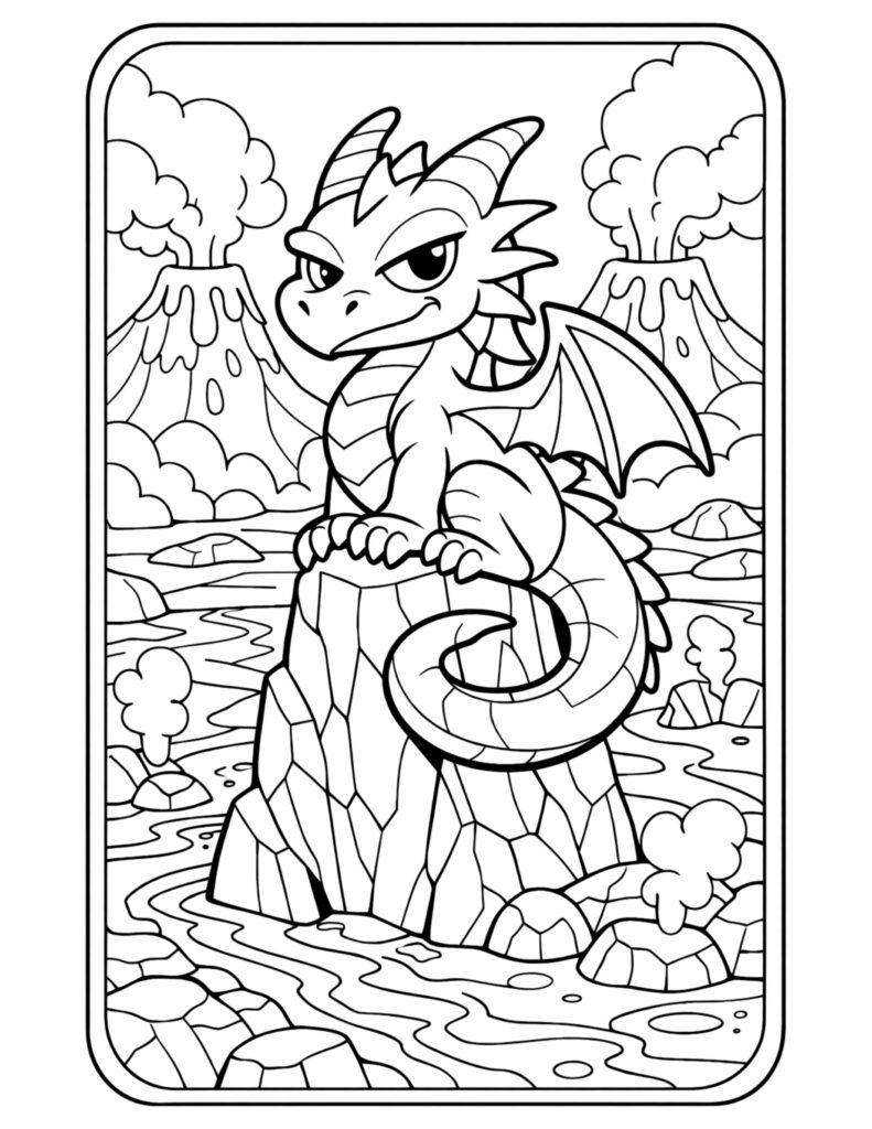 dragon perched on volcanic rock coloring page with two smoking volcanoes and winding lava streams coloring page