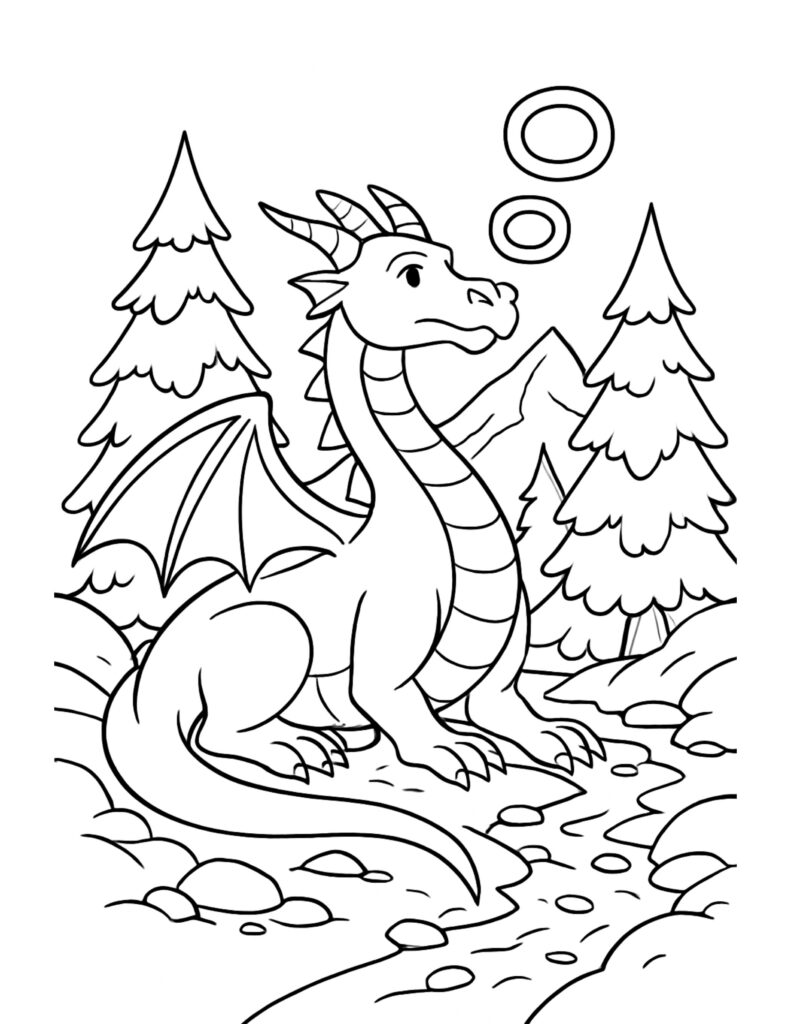 dragon resting by mountain creek coloring page with pine trees, rocky stream, and distant mountains coloring page