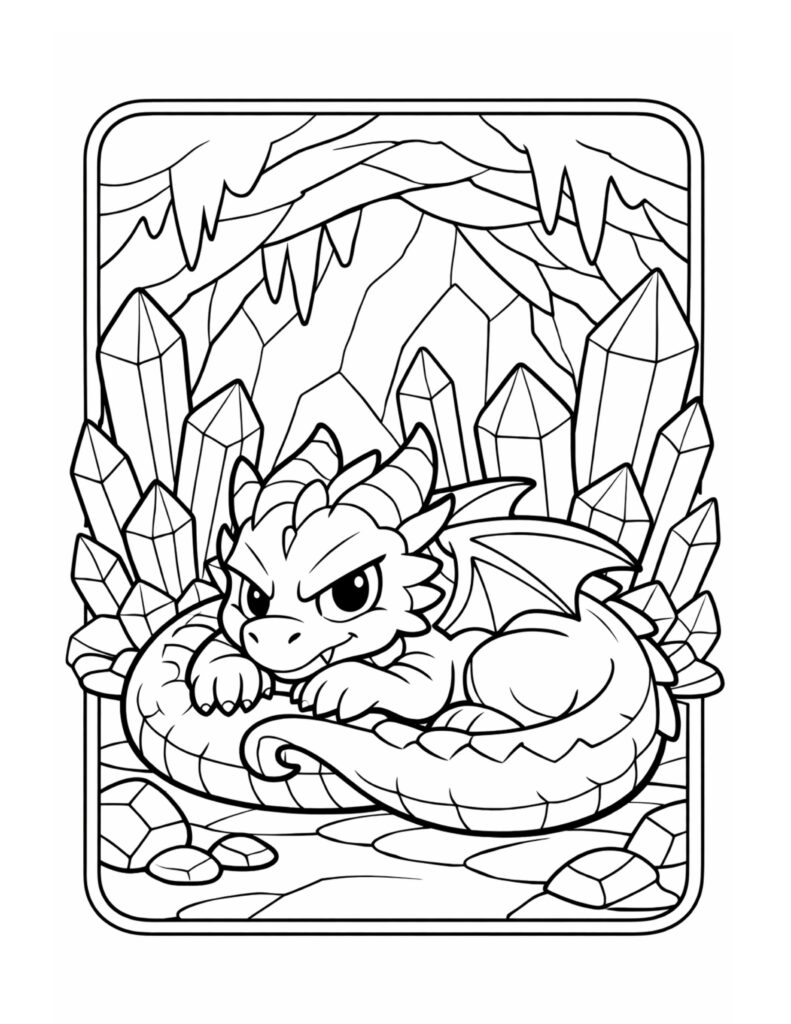 dragon resting in crystal cave coloring page, cute dragon curled up among crystals inside a cave, coloring page