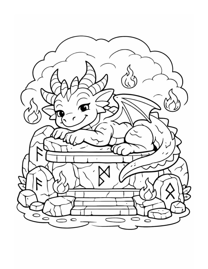 dragon resting on rune altar coloring page with small flames and carved stones coloring page