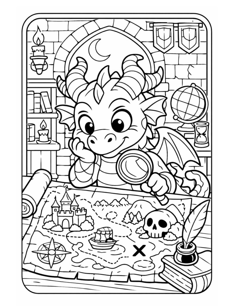 dragon studying a treasure map coloring page with a magnifying glass at a desk in a castle study coloring page
