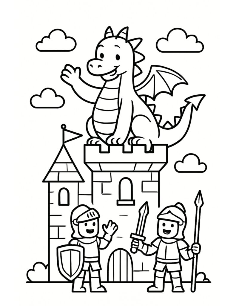 dragon waving atop castle tower coloring page with two smiling knights below