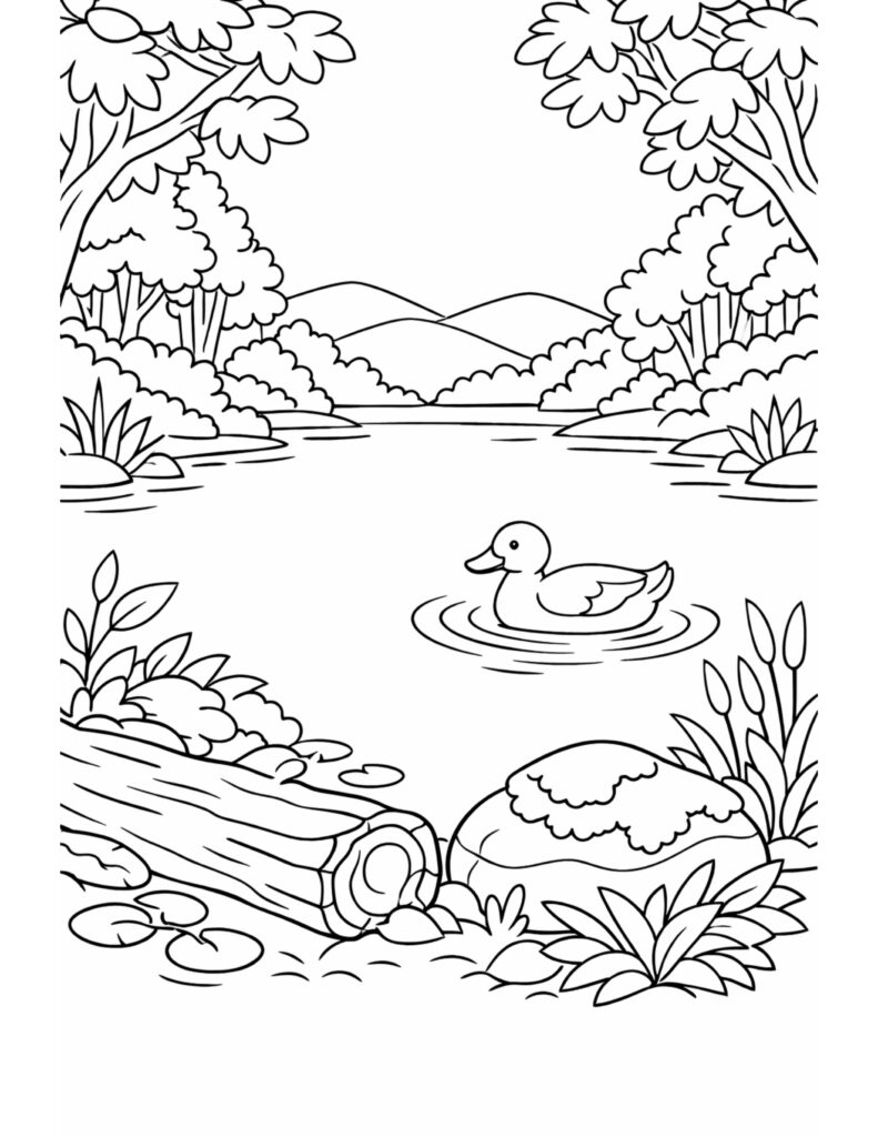 duck swimming in calm lake coloring page with ripples, lily pads, and forest trees coloring page