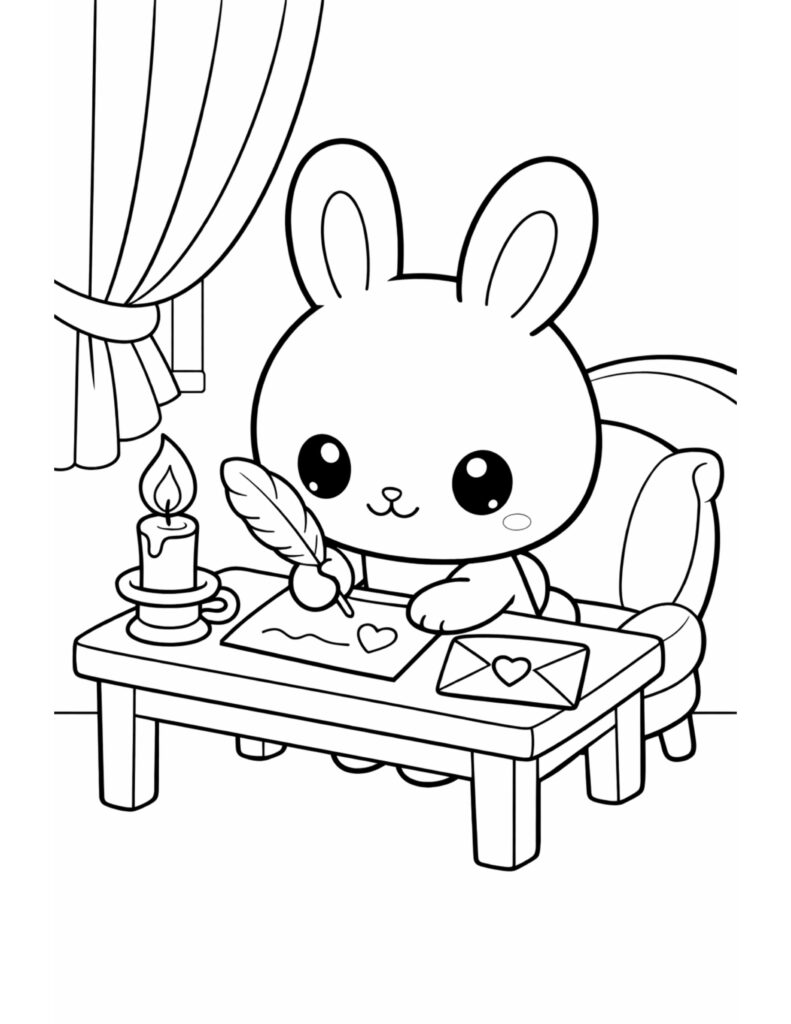bunny writing a love letter coloring page, cute rabbit writing with a feather quill by a candle and heart envelope coloring page