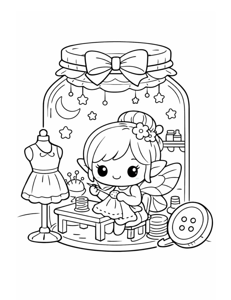 fairy sewing dress in jar coloring page with bow lid, moon and stars, mannequin dress form coloring page